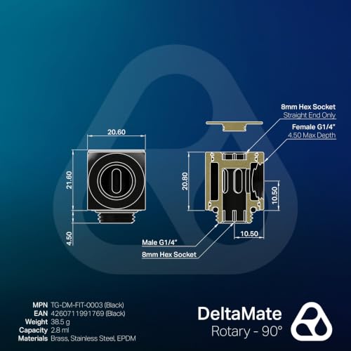 Thermal Grizzly - DeltaMate - Rotary 90° - Swivel Fitting - Black - CNC Machined Brass - G1/4" Male & Female Thread - For Modular Combinations in Water Cooling Systems | 90° Rotary, Brass, EPDM, G1/4 Male Female, Black, Compact, Modular, Seamless Integ...