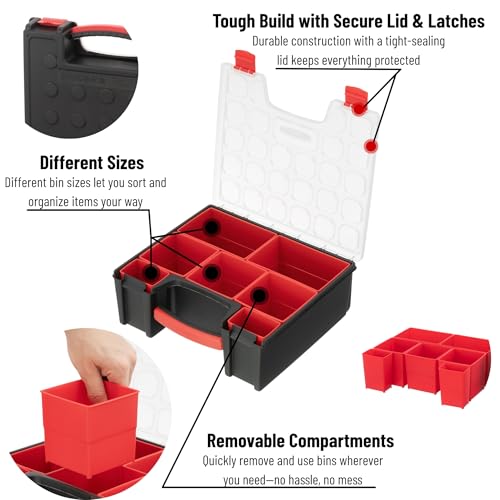 INTERTOOL Hardware Organizer with 7 Deep Removable Bins - Small Parts Storage Tool Box for Nuts, Bolts, Screws, Nails - Portable Handle Transparent Lid with Locks BX08-4032 7 Removeable Bins, Deep