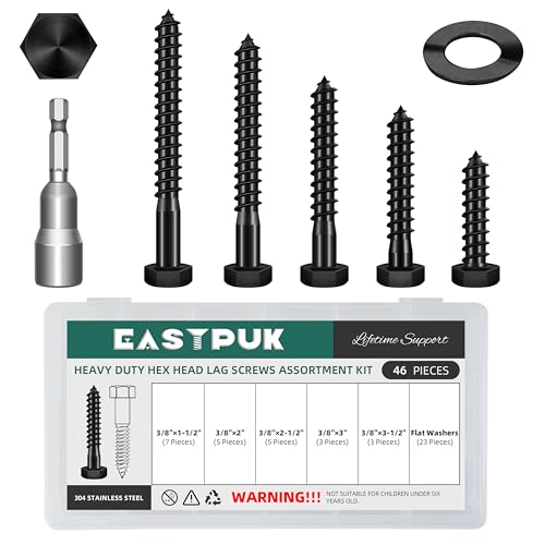 (10Sets) 3/8" x 2-1/2" Hex Head Lag Bolts & 46Pcs 3/8 Hex Head Lag Bolts Screws Assortment Kit, Heavy Duty Lag Screws with Washers, 304 Stainless Steel, 3/8 Bolt for Wood, Fully Thread, Black