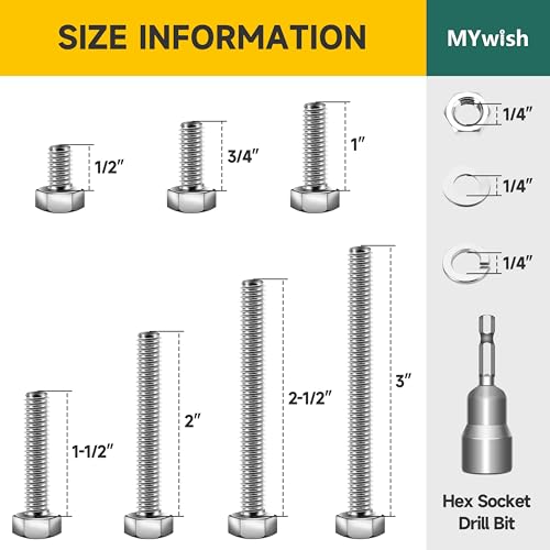 Mywish 30Pcs 1/4 x 2-3/4" Concrete Screws & 210Pcs Hex Head Bolts and Nuts Assortment, Bolts and Nuts Kit with Flat Spring Washers, Slotted Hex Washer Head Masonry Stucco Screws Anchor Kit