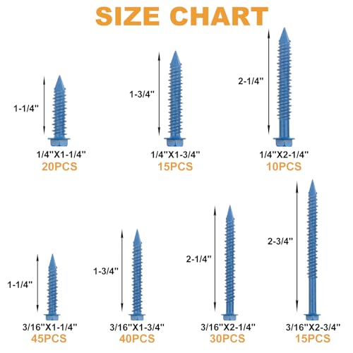 VIGRUE 175PCS Concrete Screws Assortment Kit 1/4" x 1-1/4" to 2-1/4" and 3/16" x 1-1/4" to 2-3/4" 175PCS Hex Head Cement Screws Set Diamond Point for Anchoring to Masonry, Block or Brick Slotted Hex