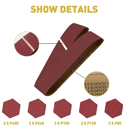 4 x 36 Inch Sanding Belts 10 Pieces Aluminum Oxide Sander Belts(80/120/150/240/400 Grits) With 4 Pieces 6 Inch Sanding Disc Aluminum Oxide Adhesive Backed Sandpaper (Pack of 14)