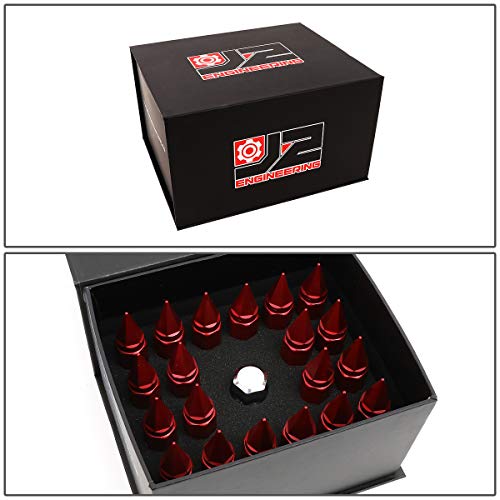 J2 Engineering 7075-T6 Aluminum M12 x 1.25 20Pcs 75mm Tall Spiky Cap Lug Nut w/Adapter Red