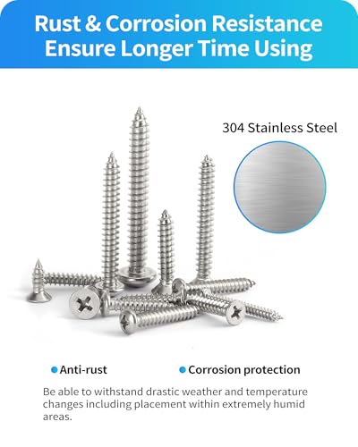560Pcs 304 Stainless Steel Self Tapping Screws Assortment Set, M3/M4/M5/M6 Flat Head & Round Head Self Tapping Screws Assortment Set, Phillips Drive Wood Screw Assortment Kit (Silver) Silver