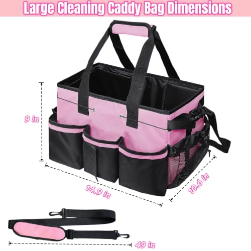 BLIRITEL Large Cleaning Caddy Bag with Handle, Cleaning Caddy Organizer with Shoulder Strap, Multi-Compartment Cleaning Supply Tote for Cleaners & Housekeepers (Pink) Pink