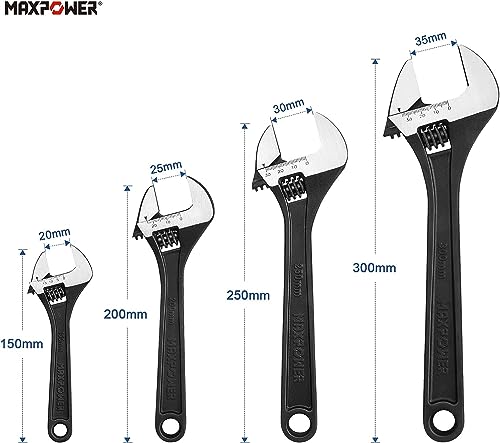 MAXPOWER Adjustable Wrench Set, Forged, Heat Treated, Black Phosphate Finish Adjustable Wrenches, 4 Pack (6-inch, 8-inch, 10-inch, 12-inch) 6“ 8” 10“ 12”