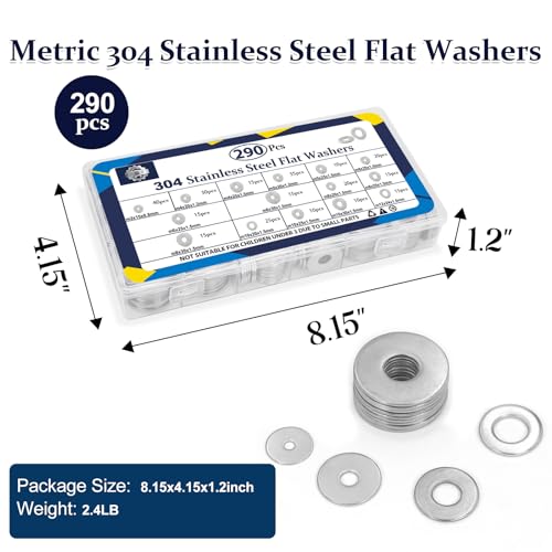 ZQZ 290Pcs Stainless Steel Flat Washers Assortment Kit;Fender Washer M3-M12 15 Sizes 290 Pieces