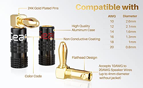 GearIT Right Angle Banana Plugs for Speaker Wire (6 Pairs, 12 Pieces), 90 Degree Pin Plug Type, (Non Conductive Coating) Spring Clips Speaker Banana Jack Terminals (Support 12 AWG to 20 AWG Wires) Banana Plugs (90 Degree Right Angle )