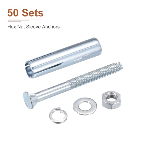 DTGN 1/4" x 2-1/4" Hex Nut Sleeve Anchors - 50Pack - Good for Concrete Dry Brick Block Walls - Carbon Steel - Silver 50 1/4" x 2-1/4"