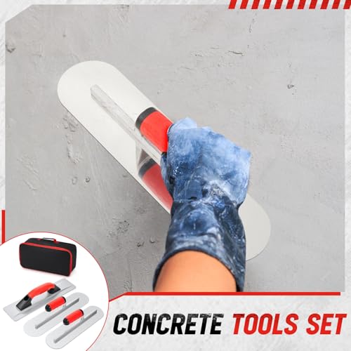 MorningRo 4 Pcs Concrete Hand Tools Set Includes Cement Magnesium Hand Float 16'' x 3-1/8'' Stainless Steel Pool Trowel 16'' x 4'' & 14'' x 4'' Flat Concrete Finishing Trowel and Tool Bag A Regular