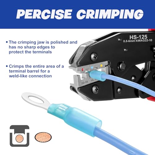 Crimping Tool Set, Ratchet Wire Crimper Tool For Heat Shrink, Insulated Nylon,Non-Insulated,Ferrule Wire End, Open Barrel Terminals, Solar Connectors - Crimper with 6 Interchangeable Die