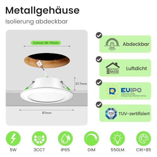 ALUSSO Metal LED Recessed Spotlight, 230 V, Dimmable, Ceiling Spotlights, Bathroom Spotlights | 68-75 mm 5 W 550 lm IP65 3CCT, ultra-flat 27.7 mm, airtight insulation coverable, IC rated, white, set of 6 Round White, Set of 6 5W, Ausschnitt Ø68-75mm