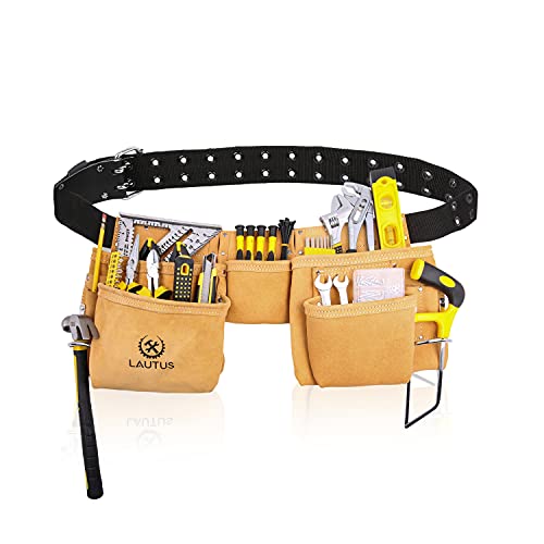 LAUTUS Suede Tool Belt/Pouch/Bag/Work Apron | Carpenter, Construction, Framers, Electrician |11 Pockets | Adjustable Double Pronged Belt | 2 Hammer Loops|