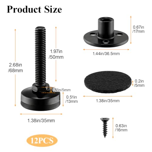 12PCS 3/8" Adjustable Furniture Levelers with Felt Pads & T-Nuts