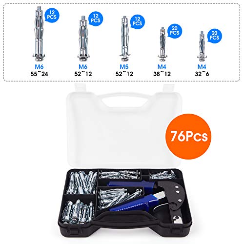 RZX Heavy Duty Wall Anchor Metal Setting Tool with 76pcsMolly Bolt Hollow Drive Wall Anchor Screws Assortment Kit for Cavity Anchor Plasterboard Fixing