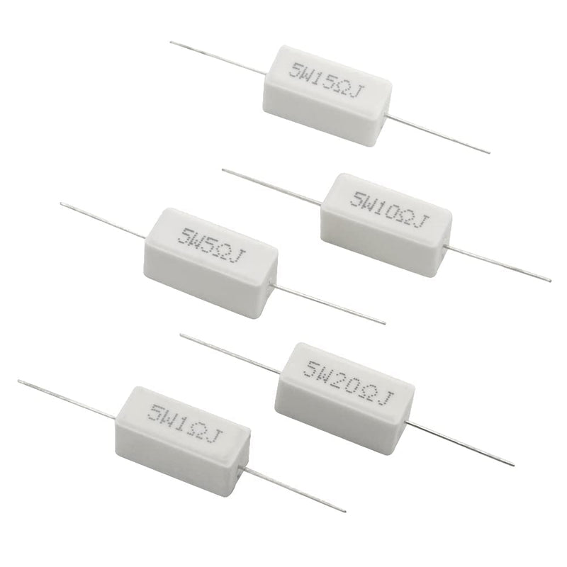 BGTXINGI 25pcs 5W 1 Ohm 5 Ohm 10 Ohm 15 Ohm 20 Ohm Cement Resistors 5% Axial Line Power Resistor Ceramic Cement Resistor Wire Wound Solid Metal Full Range Resistors Kit White