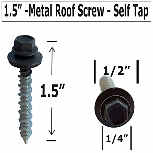 Metal Roofing Screws - #10 x 1.5” – Self Tapping ¼” Hex Head with EPDM Rubber Washer – for Metal to Wood, Corrugated Roofing, Siding, Sheds, Pancake Screw - Hex Drive Easy Install - Brown (250) 250