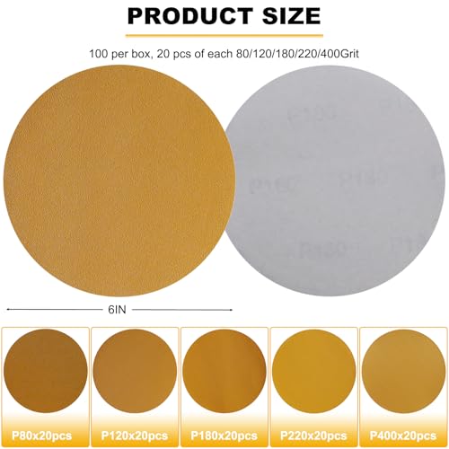 100 PCS 6 Inch Gold PSA Sanding Discs Set -20 Each of 80, 120, 180, 220, 400 Grit - Self Adhesive Stickyback Sandpaper Discs for 6" DA Sander Sand Automotive Car Paint, Woodworking, Metal