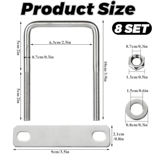 CertBuy 8 Pack Square U-Bolts 2-1/2" Inner Width 100mm Length 304 Stainless Steel U-Bolts with Washers and Nuts Replacement Parts and Accessories for Automobiles Trailer, Ski Boat, or Sailboat Trailer