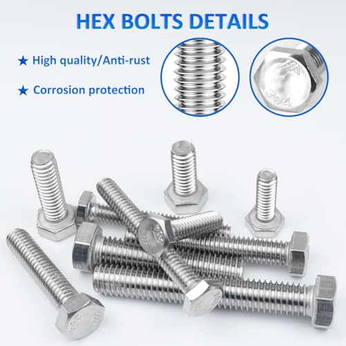 260PCS Hex Head Nuts and Bolts Assortment Kit, 1/4-20, 5/16-18, 3/8-16 Stainless Steel Bolts and Nuts Kit, Assorted Nuts and Bolts Hardware Screws Set, Flat & Spring Lock Washers Assortment with Case Hex Head Kit