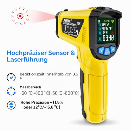 Infrared Thermometer MESTEK Temperature Meter Digital Laser IR Pyrometer K-Probe -50°C ~ 800°C Non-Contact with Color LCD Alarm Function Adjustable Emissivity for Kitchen Grill Automotive IR02C-Yellow