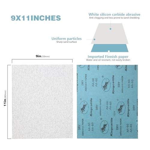 White Dry Sandpaper 55 Sheets 9x11, 60-1000 Grit Wood Metal Painted Surfaces