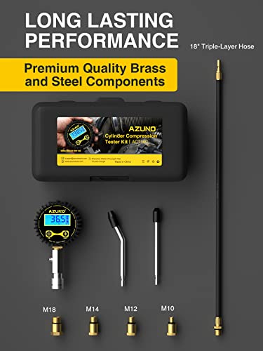 AZUNO Compression Tester Automotive, Digital Compression Gauge 200 PSI for Petrol Engine Cylinder Compression Tester Kit with Adapter & Hose