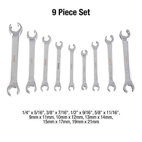 Sunex Tools 9809A Flare Nut Wrench Set, 1/4"x5/15" - 5/8" - 11/16", 9mm x 11mm - 19mm x 21mm, Fully Polished, 9-Piece (Includes Roll-Case), SAE & Metric