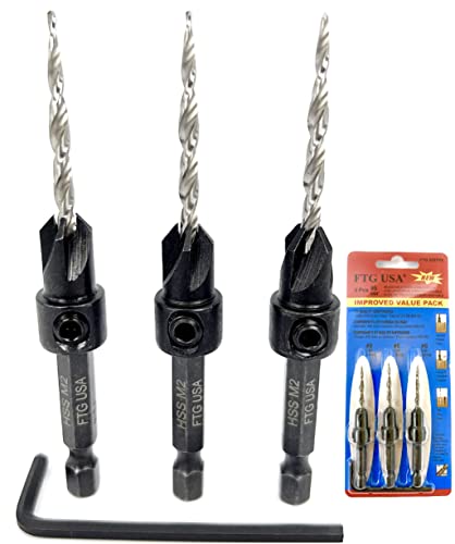 FTG USA Countersink Drill Bit Set 6 Pc #6#8 Tapered Bit Quick Change Tool Kit