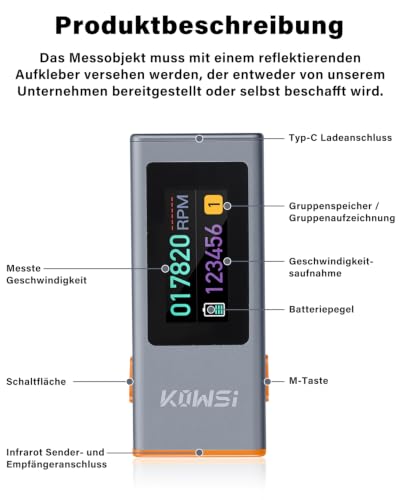 Digital Tachometer, Non-Contact Laser Speedometer RPM 300-200,000 rpm, TFT Color Display, 110 mAH Battery with USB-C Power Supply, 9 Records Storable, 0.8 s Response