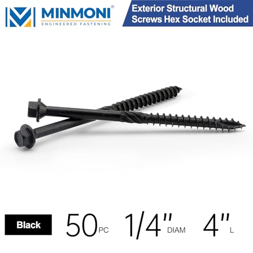 4 inch Hex Exterior Structural Wood Lag Screws (50 Pack), 1/4'' x 4'' Black Outdoor Lag Bolts, Heavy-Duty for Timber, Decks, Fences, Patios, and More, Bit Included - Multiple Size Options Available 4 Inch