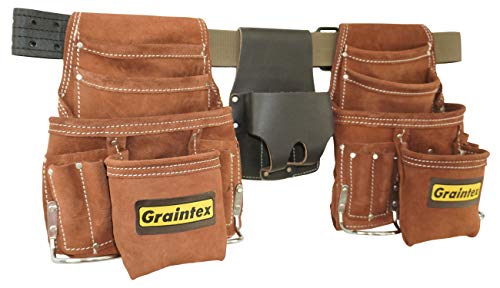 Graintex SS2975 20 Pocket Nail & Tool Pouch Set Brown Color Suede Leather with 2" Leather/Webbing Belt and Professional Measuring Tape Holder for Contractors, Electricians, Plumbers, Handymen