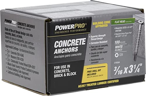 Power Pro White Flat-Head Concrete Screw Anchors (3/16" x 3-1/4") - 100 pc 3/16" x 3-1/4" 100 Pieces