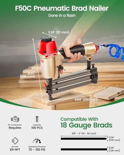 meite F50C Pneumatic Brad Nailer Kit Includes 1,000 Pcs 18 Gauge Brad Nails 1-3/4-Inch, Compatible with 5/8" to 2" Brad Nails, Ideal for Trim Work, Furniture Building & Finish Applications