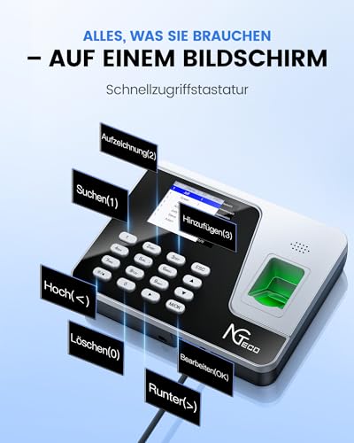 NGTeco Time Attendance Device for Employees (Fingerprint + PIN), Standalone Clock No WiFi/Software/Monthly Costs, German Silver