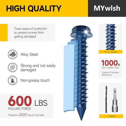 Mywish (20Sets) 1/4" x 1-1/4" Hex Head Lag Bolts & 30Pcs Concrete Screws 1/4 x 1-1/4", Slotted Hex Washer Head Masonry Screws Anchor Kit with 3/16 Drill Bit, Stucco Screws, Self Tapping Screws, Lag
