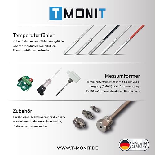 Active Temperature Transducer, 0-10 V, incl. Sensor PT1000, Adjustable Measuring Range, Active Sensor Monitoring (2 m Sensor Silicone Cable) 2m Silikon-Leitung