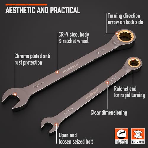HORUSDY 12-Piece Metric Ratcheting Wrench Set | 8-19 mm | Ratchet Combination Wrenches Set with Organizer | 72-Teeth | Chrome Vanadium Steel 12-Piece Metric Ratcheting - Basic
