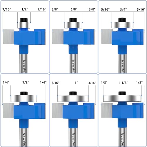 Newdeli 6Pcs Rabbeting Router Bit (1/8",1/4",3/8", 1/2") and Tongue and Groove Router Bit Set with 6 Bearings Set (1/2", 5/8", 3/4", 7/8", 1", 1-1/8" Bearings) - 1/4 inch Shank