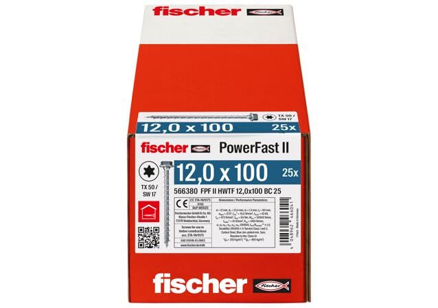 fischer PowerFast FPF II HWTF 1/2" x 4" (12x100 mm) Wood Construction Screws with Hex Head TX Drive Full Thread Galvanized - 25 Screws 1/2" x 3 15/16" (12 x 100mm)
