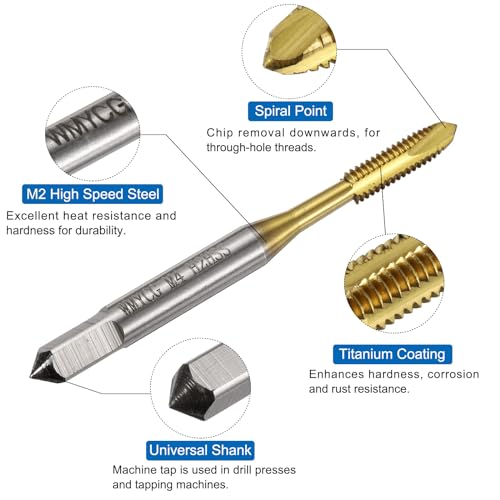 QUARKZMAN Metric Tap and Drill Bit Set, 2 Pieces M4 x 0.7 Spiral Taps and 2 Pieces 3.3mm Twist Drills Titanium Coated HSS6542 Thread Cutting Tools | Titanium coated HSS6542 thread cutting tools