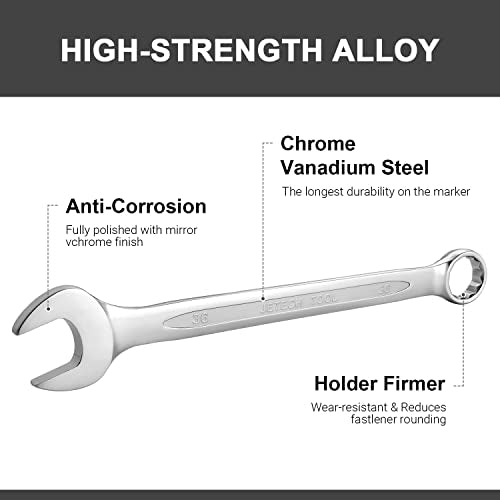 Jetech 36mm Combination Wrench, Metric 12-Point Chrome Vanadium Steel Spanner, Industrial Grade with 15-Degree Offset, Sand Blasted Finish, Heat-Treated Forged Tool