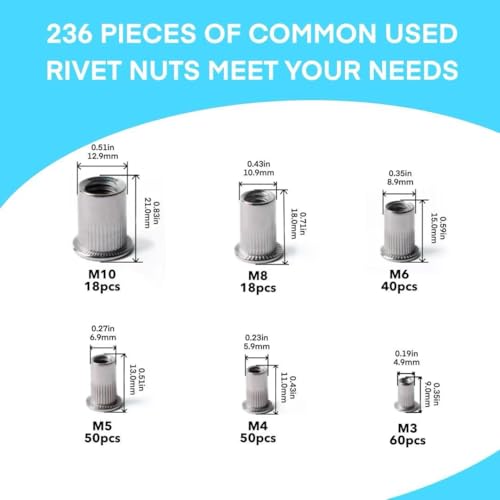 Stainless Steel Rivet Nuts Assortment Kit, SAE & Metric Rivnut Sets, 12 Sizes and 452Pcs Nutserts for Automotive and Sheet Metal
