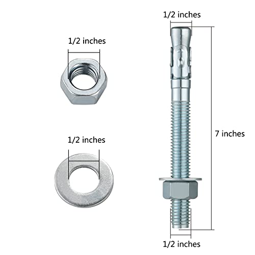 Wensilon 1/2x7" 10Pcs Inch Standard Fasteners for Heavy-Duty Zinc Wedge Anchors for Cement and Concrete 1/2x7" 10
