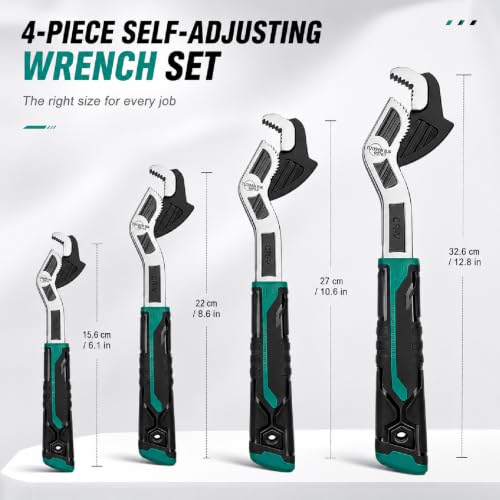 4PC Adjusting Wrench Set with Case, 6 8 10 12 Inch Multi-function Universal Magic Wrench, CR-V Steel for 0.47-1.18 Inch (7-43MM),Self locking Wrench,Pipe Wrench Set, Fittings and Nuts Green Extra Large