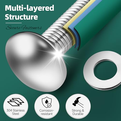 (4 Sets) 3/8-16 x 6 Carriage Bolts with Nuts and Washers & 50-Pack #14 x 6 Inch Wood Screws, Hex Head Lag Screw, Round Head Square Neck 3/8 Carriage Bolts Screws, Full Thread for Outdoor