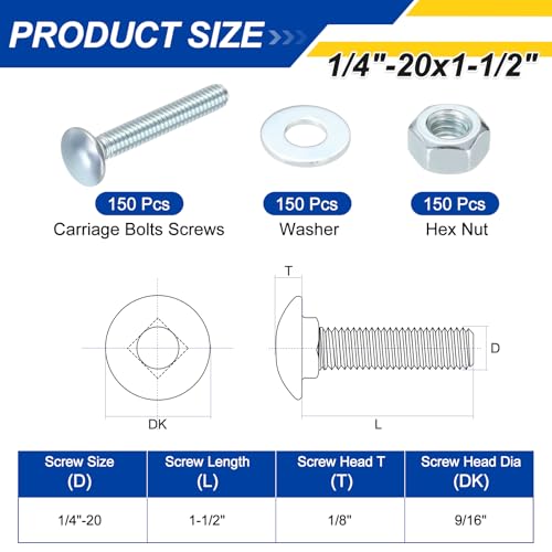 50Set 1/4"-20x1-1/2 Carriage Bolt Carbon Steel Blue-White 50