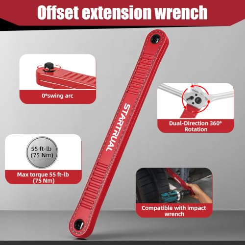 3/8 inch Offset Extension Wrench, Impact Ready Socket Wrench Universal Extender Tool with 1/2", 3/8", 1/4" Square Drive for Tight Spaces (Red) Red