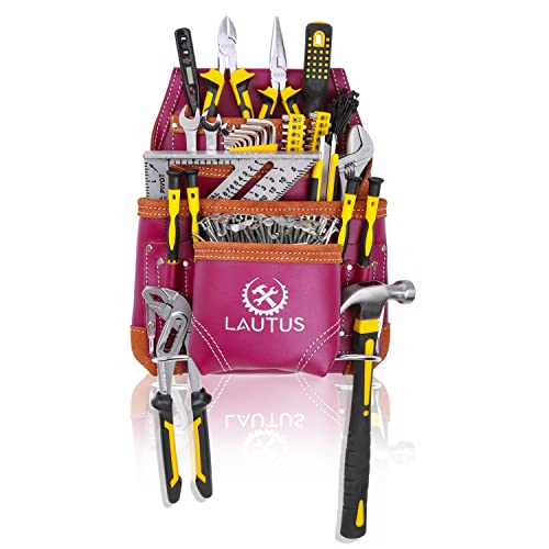 LAUTUS Oil Tanned Leather Tool Pouch Bag |Burgundy |Carpenter, Construction, Framers, Handyman | 10 Pockets, 2 Hammer Holders | 100% Leather