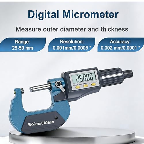 Digital Outside Micrometer, 25-50 mm/1-2 Inch LCD Micrometer, Electronic Digital Micrometer Caliper, Thickness Gauge, Length Measuring Tool 0.001 mm (0.00005 Inches)